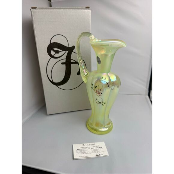 Fenton Topaz Opalescent Art Glass Pitcher Lily Trail GLOWS with Box Uranium Glas - Picture 1 of 13